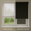 A side-by-side comparison of sheer and blackout blinds on adjacent windows, showing the difference between soft daylight and complete darkness in a modern neutral-toned room