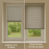 Side-by-side comparison of Perfect Fit and Traditional Fitted Blinds on windows in a bright room, highlighting design and installation differences