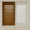 A visual comparison of wooden shutters and white plantation shutters on adjacent windows, showing contrast in color, material, and style under natural daylight