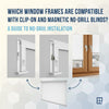 Which window frames are compatible with clip-on and magnetic no-drill blinds?