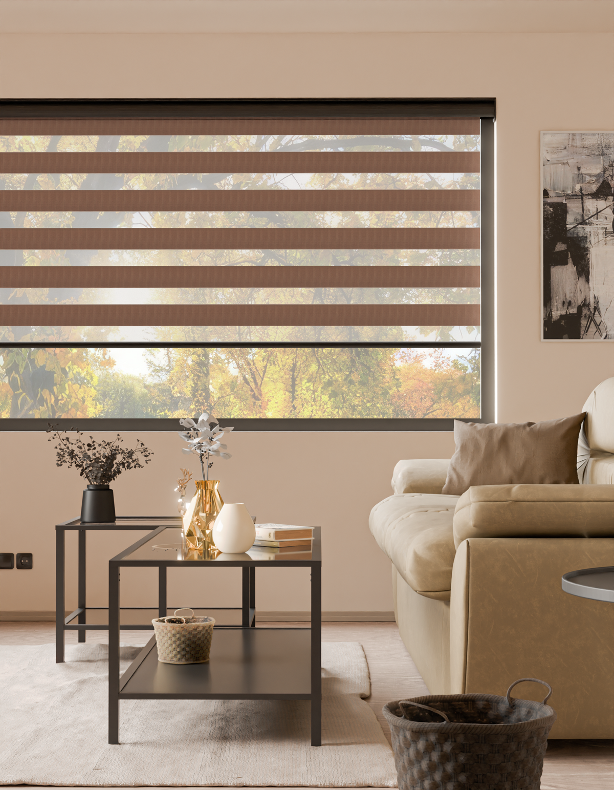 Plain Soft Brown Motorised Day and Night Blind